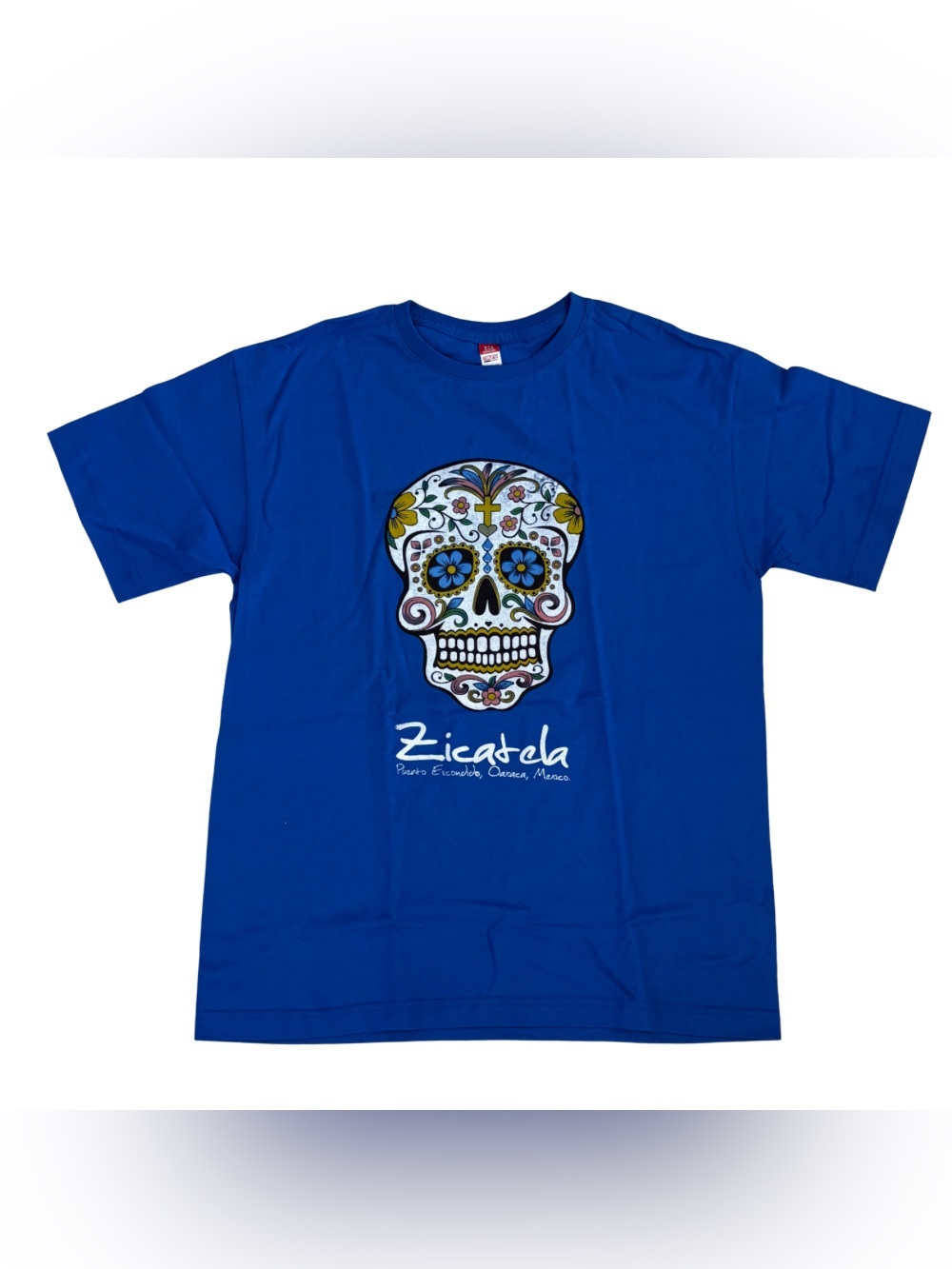 Zicatela Puerto Escondido Oaxaca Mexico T Shirt Large Sugar Skull Blue Cotton